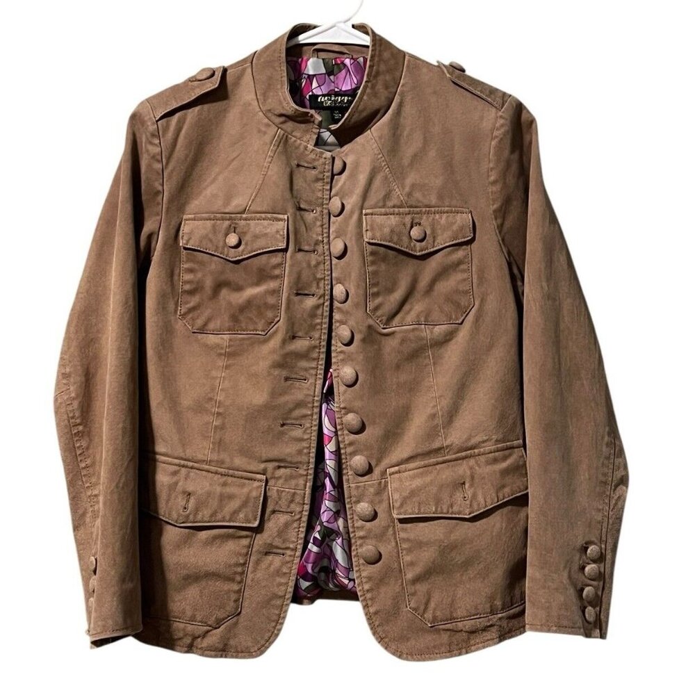 Twiggy London Tan Genuine Leather Button Down Coat Size XS Military Modern City